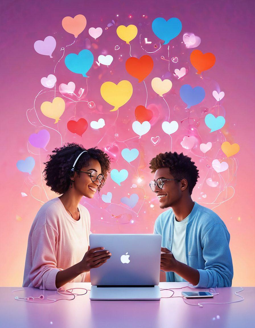 A whimsical illustration depicting two people communicating through digital devices, surrounded by floating hearts and chat bubbles, symbolizing connection and affection in online relationships. Soft glowing lights and vibrant colors create a warm atmosphere that encourages intimacy, while a light pastel background enhances the dreamy effect. super-realistic. vibrant colors. soft focus.