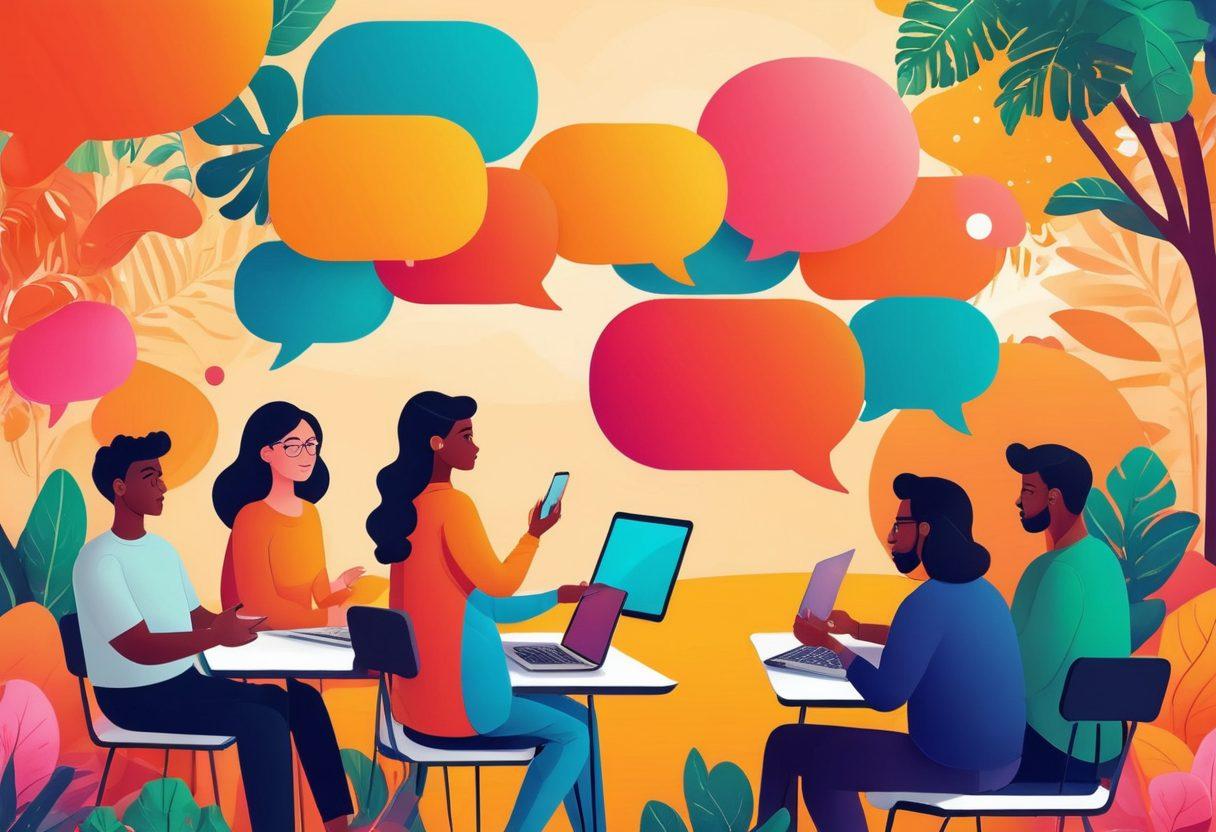 A vibrant digital illustration of diverse people engaging in a virtual meeting, exchanging ideas through colorful speech bubbles. The background features a lush garden symbolizing growth and connection, with various tech devices like tablets and laptops. Warm, inviting colors convey a sense of community and positivity. Include abstract elements representing dialogue waves and virtual connectivity. bright colors. vector art.